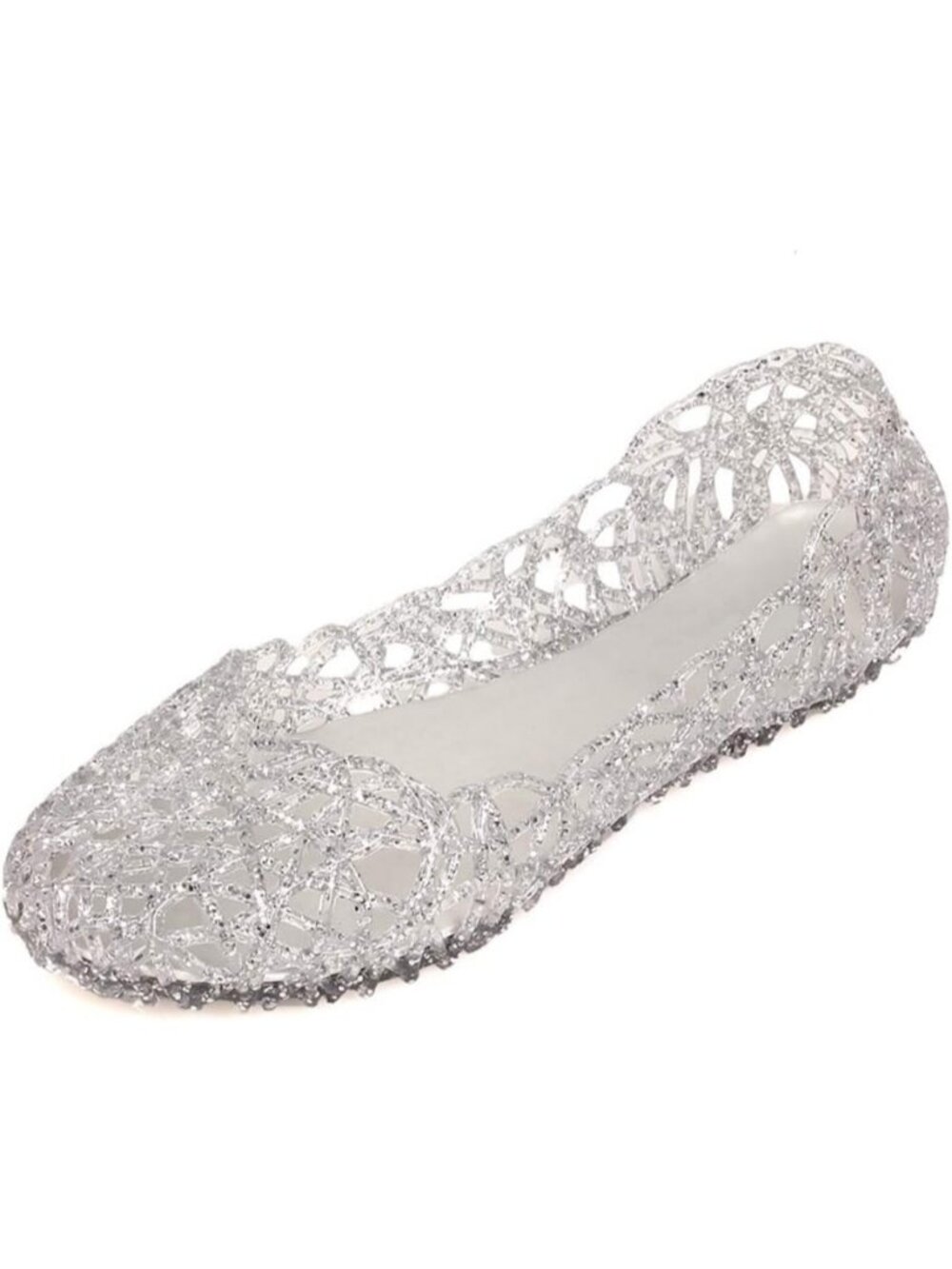 Women's Silver Polyvinyl Chloride Flat Jelly Sandals Slip On Hollow Loafer Shoes